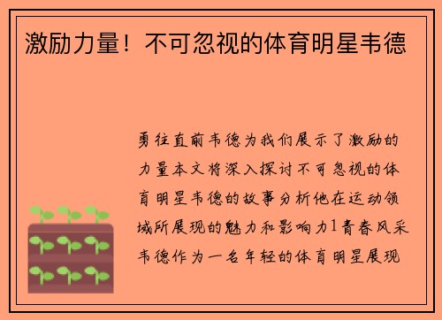 激励力量！不可忽视的体育明星韦德